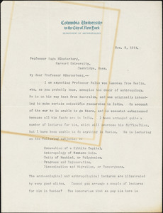 Boas, Franz, 1858-1942 typed letter signed to Hugo Münsterberg, New York, 09 November 1914
