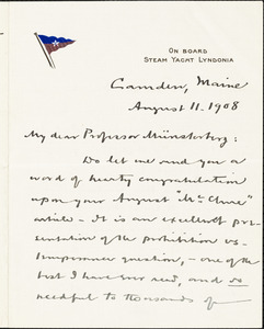 Bok, Edward William, 1863-1930 autograph letter signed to Hugo Münsterberg, Camden, Me., 11 August 1908