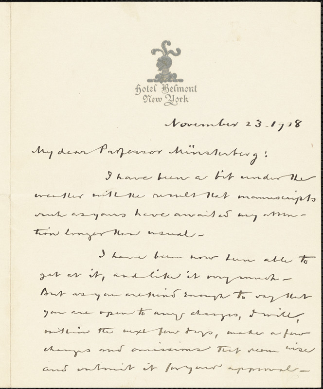 Bok, Edward William, 1863-1930 autograph letter signed to Hugo Münsterberg, New York, 23 November 1908