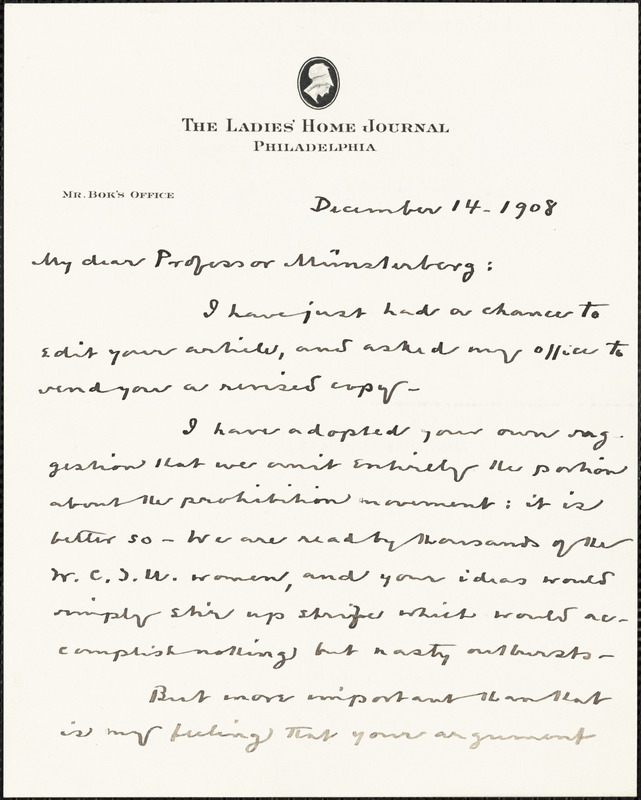 Bok, Edward William, 1863-1930 autograph letter signed to Hugo Münsterberg, Philadelphia, 14 December 1908