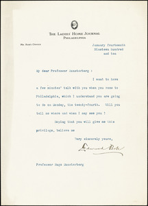 Bok, Edward William, 1863-1930 typed letter signed to Hugo Münsterberg, Philadelphia, 14 January 1910