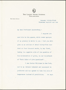 Bok, Edward William, 1863-1930 typed letter signed to Hugo Münsterberg, Philadelphia, 31 January 1910