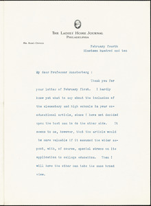 Bok, Edward William, 1863-1930 typed letter signed to Hugo Münsterberg, Philadelphia, 04 February 1910