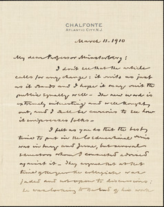 Bok, Edward William, 1863-1930 autograph letter signed to Hugo Münsterberg, Atlantic City, 11 March 1910