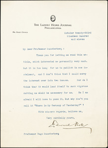 Bok, Edward William, 1863-1930 typed letter signed to Hugo Münsterberg, Philadelphia, 23 October 1911