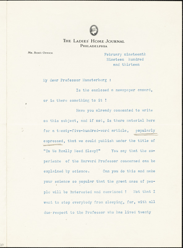 Bok, Edward William, 1863-1930 typed letter signed to Hugo Münsterberg, Philadelphia, 19 February 1913