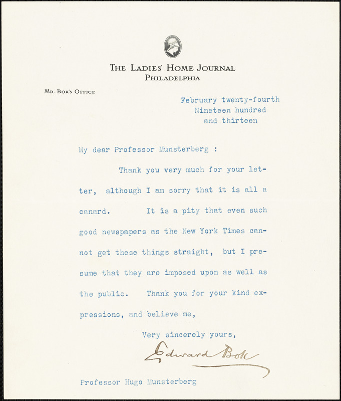 Bok, Edward William, 1863-1930 typed letter signed to Hugo Münsterberg, Philadelphia, 24 February 1913