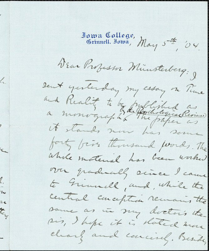 Boodin, John Elof, 1869-1950 autograph letter signed to Hugo Münsterberg, Grinnel, Iowa, 05 May 1904