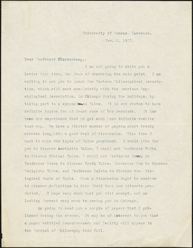 Boodin, John Elof, 1869-1950 typed letter signed to Hugo Münsterberg, Lawrence, Kan., 05 November 1907