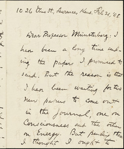 Boodin, John Elof, 1869-1950 autograph letter signed to Hugo Münsterberg, Lawrence, Kan., 21 February 1908