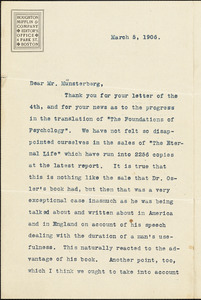 Booth, William Stone, 1864-1926 typed letter signed to Hugo Münsterberg, Boston, 05 March 1906
