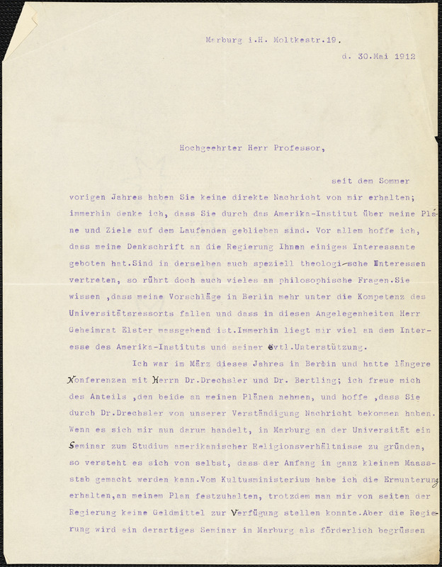 Bornhausen, Karl, b. 1882 typed letter signed to Hugo Münsterberg