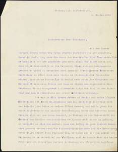 Bornhausen, Karl, b. 1882 typed letter signed to Hugo Münsterberg, Marburg, Ger., 30 May 1912