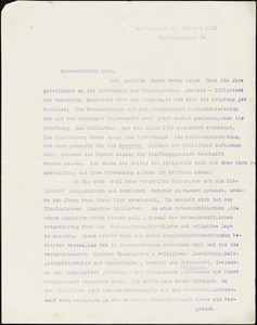 Bornhausen, Karl, b. 1882 typed letter signed to Hugo Münsterberg, Marburg, Ger., 25 October 1912