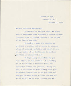 Boswell, Foster Partridge, 1879-1966 typed letter signed to Hugo Münsterberg, Geneva, N.Y., 11 October 1913