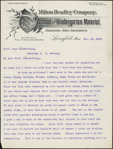Bradley, Milton, 1836-1911 typed letter signed to Hugo Münsterberg, Springfield, Mass., 29 October 1895
