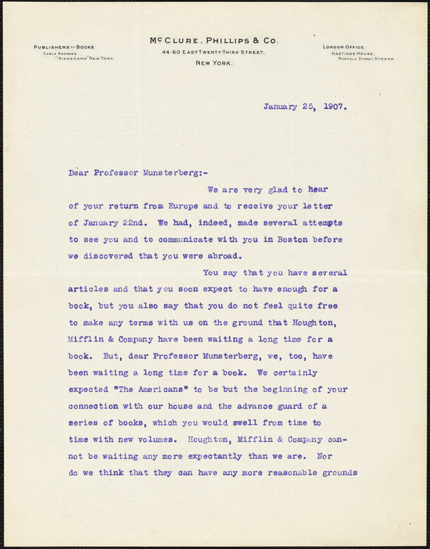 Bradley, W. A., fl. 1907 typed letter signed to Hugo Münsterberg, New York, 25 January 1907