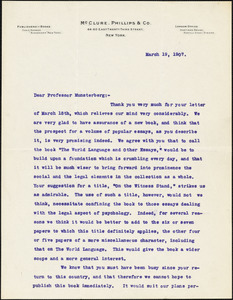 Bradley, W. A., fl. 1907 typed letter signed to Hugo Münsterberg, New York, 19 March 1907