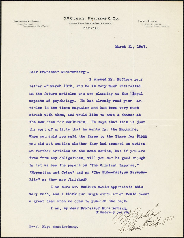 Bradley, W. A., fl. 1907 typed letter signed to Hugo Münsterberg, New York, 21 March 1907