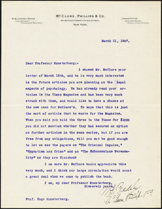 Bradley, W. A., fl. 1907 typed letter signed to Hugo Münsterberg, New York, 21 March 1907