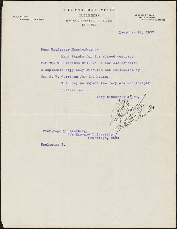 Bradley, W. A., fl. 1907 typed letter signed to Hugo Münsterberg, New York, 17 December 1907
