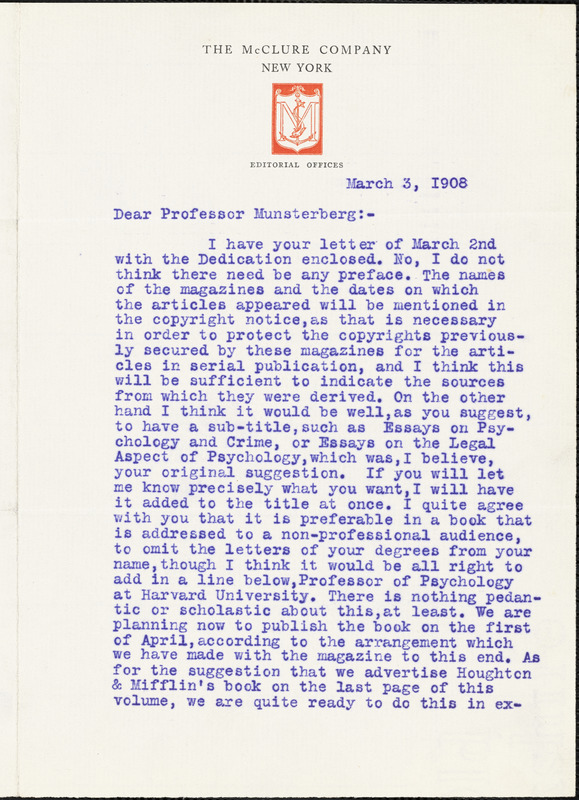Bradley, W. A., fl. 1907 typed letter signed to Hugo Münsterberg, New York, 03 March 1908