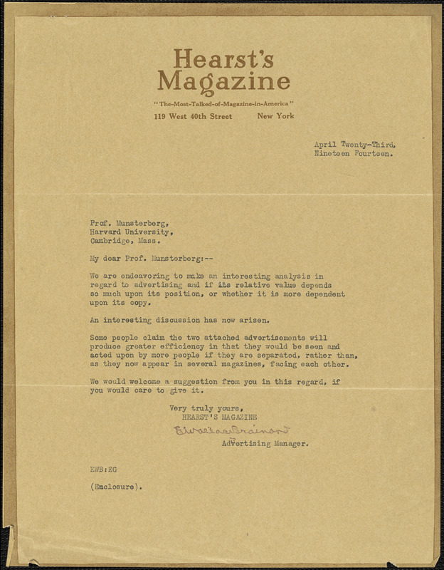 Brainard, E. Wallace, fl. 1914 typed letter signed to Hugo Münsterberg, New York, 23 April 1914