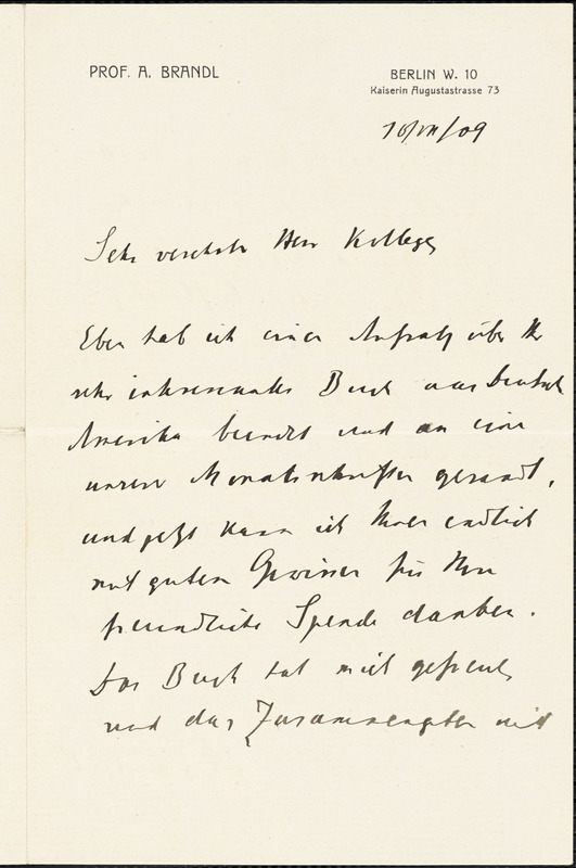 Brandl, Alois, 1855-1940 autograph letter signed to Hugo Münsterberg, Berlin, 10 July 1909