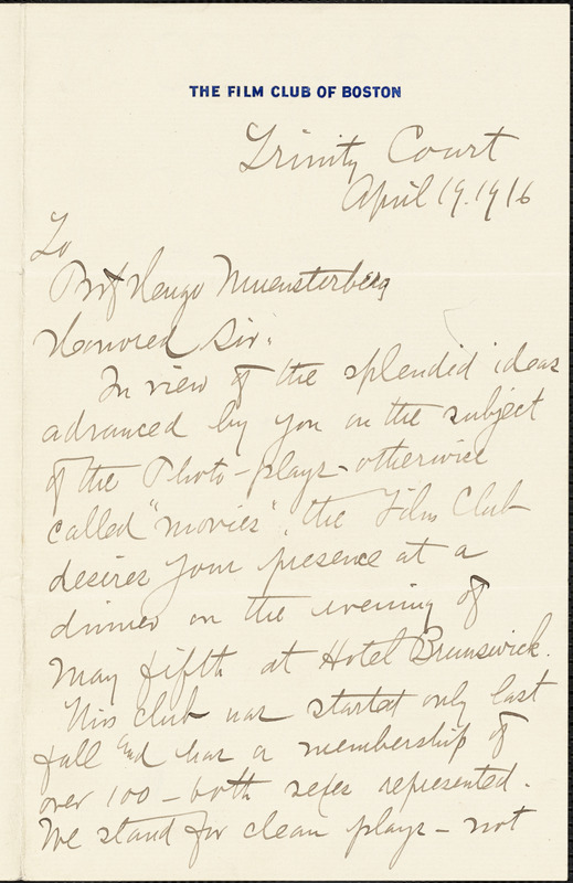 Brazier, Marion Howard, b.1850 autograph letter signed to Hugo Münsterberg, Boston, 19 April 1916