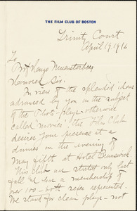Brazier, Marion Howard, b.1850 autograph letter signed to Hugo Münsterberg, Boston, 19 April 1916