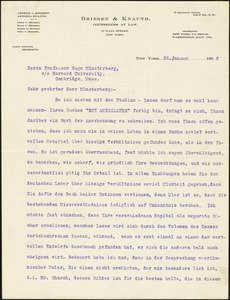 Briesen, Arthur von, 1843-1920 typed letter signed to Hugo Münsterberg, New York, 28 January 1905