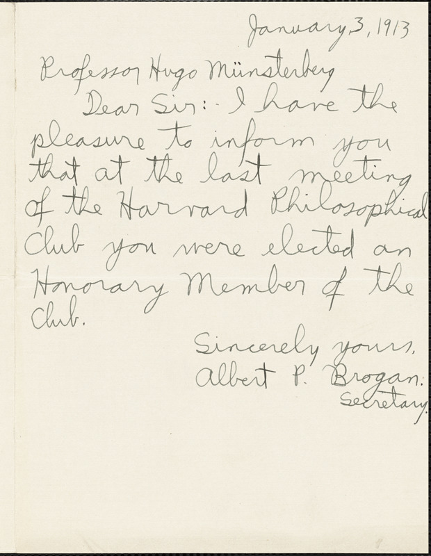 Brogan, Albert P., fl.1913 autograph note signed to Hugo Münsterberg, Cambridge, Mass., 03 January 1913
