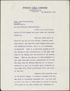 Broughan, Hubert Bruce, 1878- typed letter signed to Hugo Münsterberg, Philadelphia, 07 September 1916