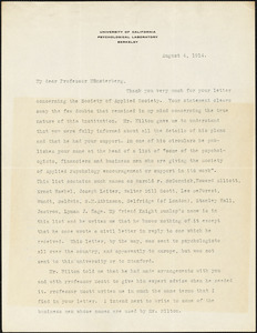 Brown, Warren, 1882-1951 typed letter signed to Hugo Münsterberg, Berkeley, Cal., 04 August 1914