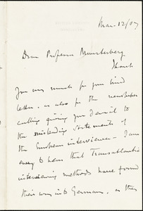 Bryce, James Bryce, viscount, 1838-1922 autograph letter signed to Hugo Münsterberg, Washington, 12 March 1907