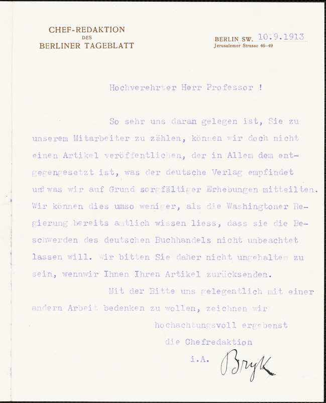 Bryk, Siegfried, fl. 1913 typed letter signed to Hugo Münsterberg, Berlin, 10 September 1913