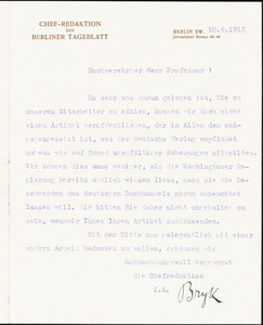 Bryk, Siegfried, fl. 1913 typed letter signed to Hugo Münsterberg, Berlin, 10 September 1913