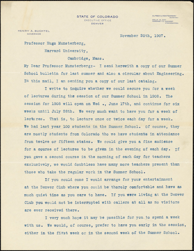 Buchtel, Henry Augustus, 1847-1924 typed letter signed to Hugo Münsterberg, Denver, Col., 20 November 1907
