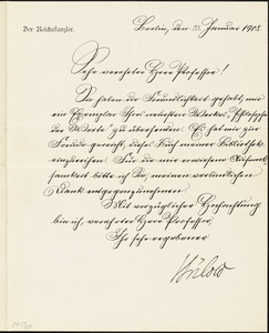 Bülow, Bernhard, Fürst von, 1849-1929 manuscript letter signed to Hugo Münsterberg, Berlin, 23 February 1908