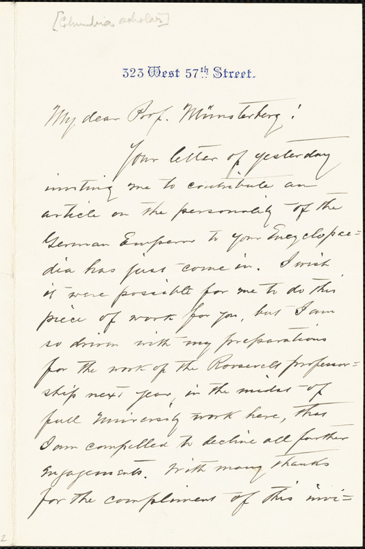 Burgess, John William, 1844-1931 autograph letter signed to Hugo Münsterberg, New York, 16 January 1906