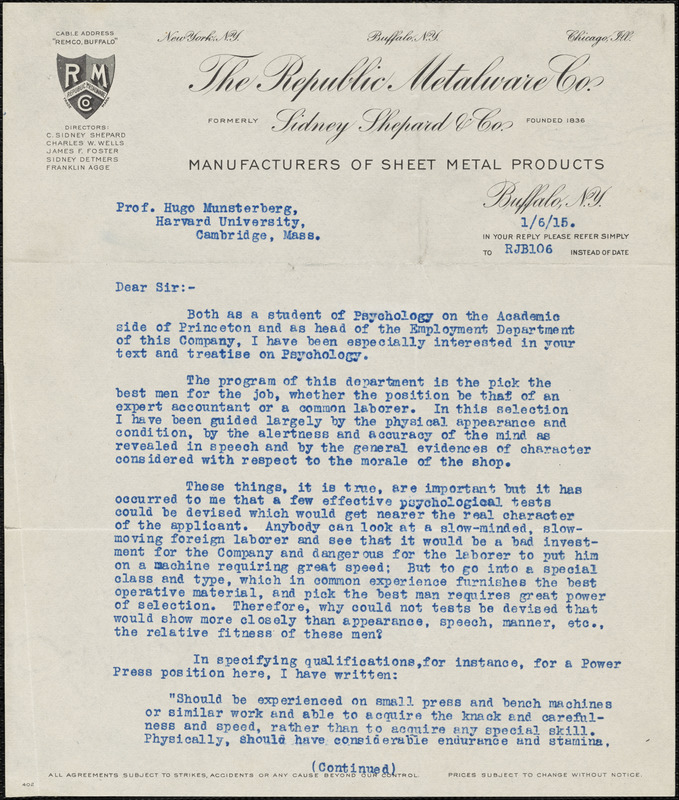 Burke, R.J., fl.1915 typed letter signed to Hugo Münsterberg, Buffalo, N.Y., 06 January 1915