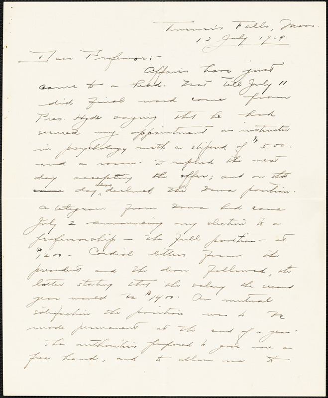 Burnett, Charles T. (Charles Theodore), 1873-1946 autograph letter signed to Hugo Münsterberg, Turner's Falls, Mass., 13 July 1904