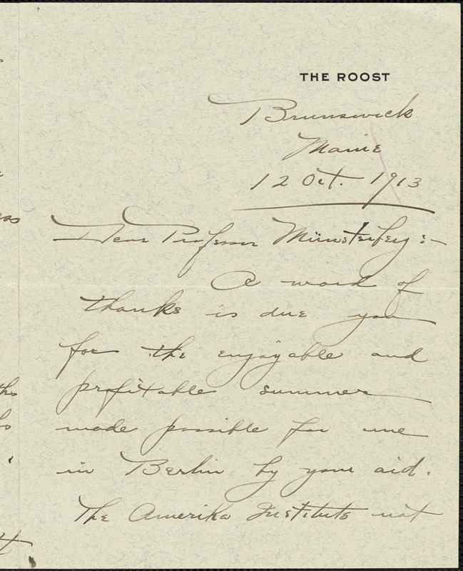 Burnett, Charles T. (Charles Theodore), 1873-1946 autograph letter signed to Hugo Münsterberg, Brunswick, Me., 12 October 1913