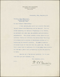 Burris, William Paxton, 1865- typed letter signed to Hugo Münsterberg, Cincinnati, Ohio, 15 December 1909