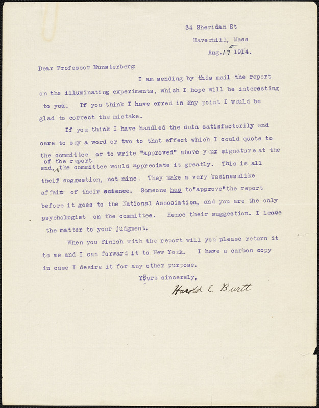 Burtt, Harold E. (Harold Ernest), 1890-1991 typed letter signed to Hugo Münsterberg, Haverhill, Mass., 17 August 1914