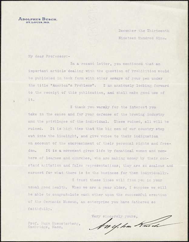 Busch, Adolphus, 1839-1913 typed letter signed to Hugo Münsterberg, St. Louis, 13 December 1909
