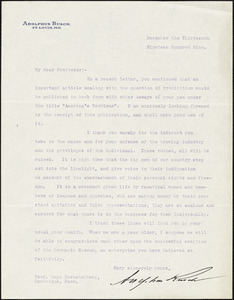 Busch, Adolphus, 1839-1913 typed letter signed to Hugo Münsterberg, St. Louis, 13 December 1909
