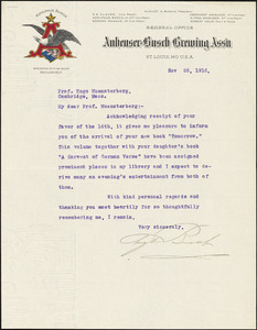Busch, August Anheuser, 1865-1934 typed letter signed to Hugo Münsterberg, 28 November 1916