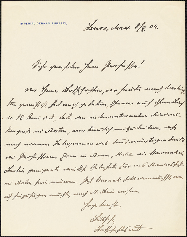 Bussche-Haddenhausen, Hilmar, 1867-1939 autograph letter signed to Hugo Münsterberg, Lenox, Mass., 08 September 1904