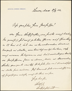 Bussche-Haddenhausen, Hilmar, 1867-1939 autograph letter signed to Hugo Münsterberg, Lenox, Mass., 08 September 1904